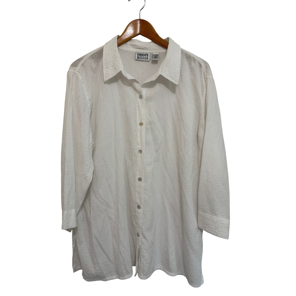 Chico's Design Women Button Down Tunic Size 3 White Textured Seersucker Coastal